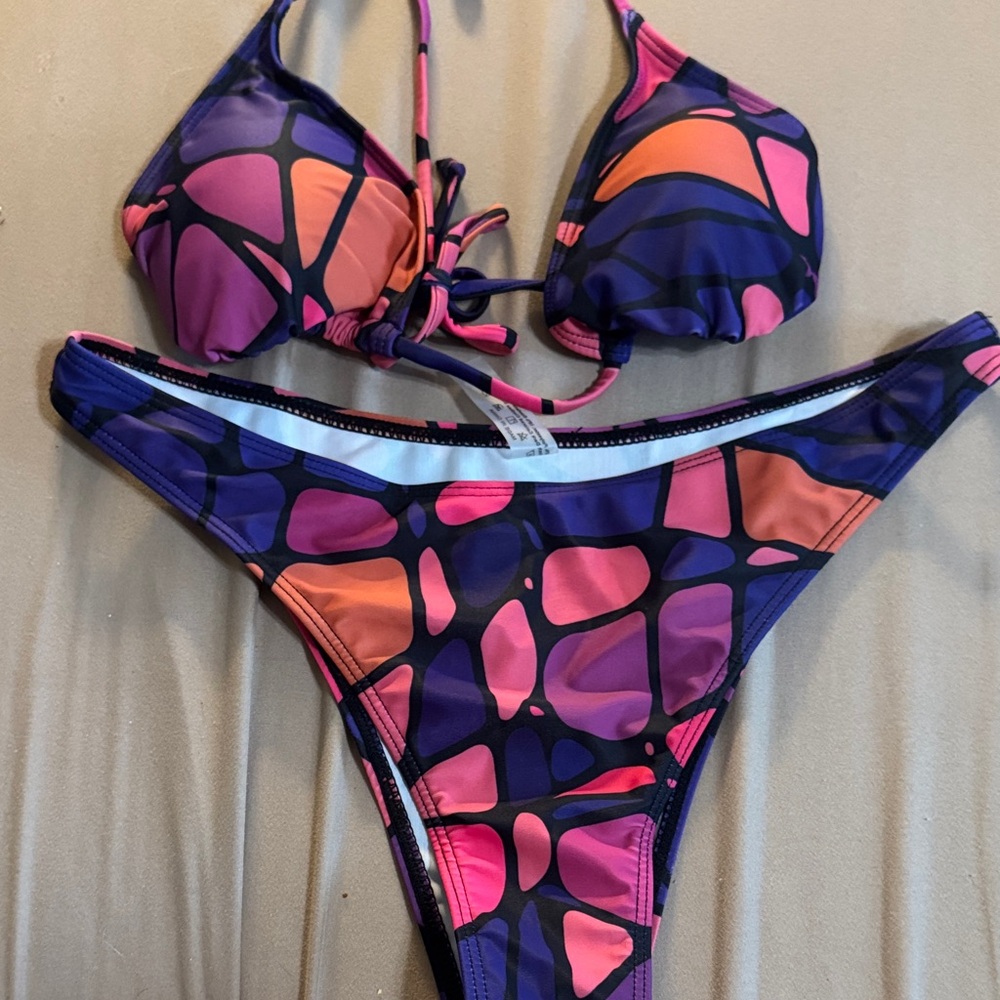 Vibrant Purple and Pink Bikini Set w scarf